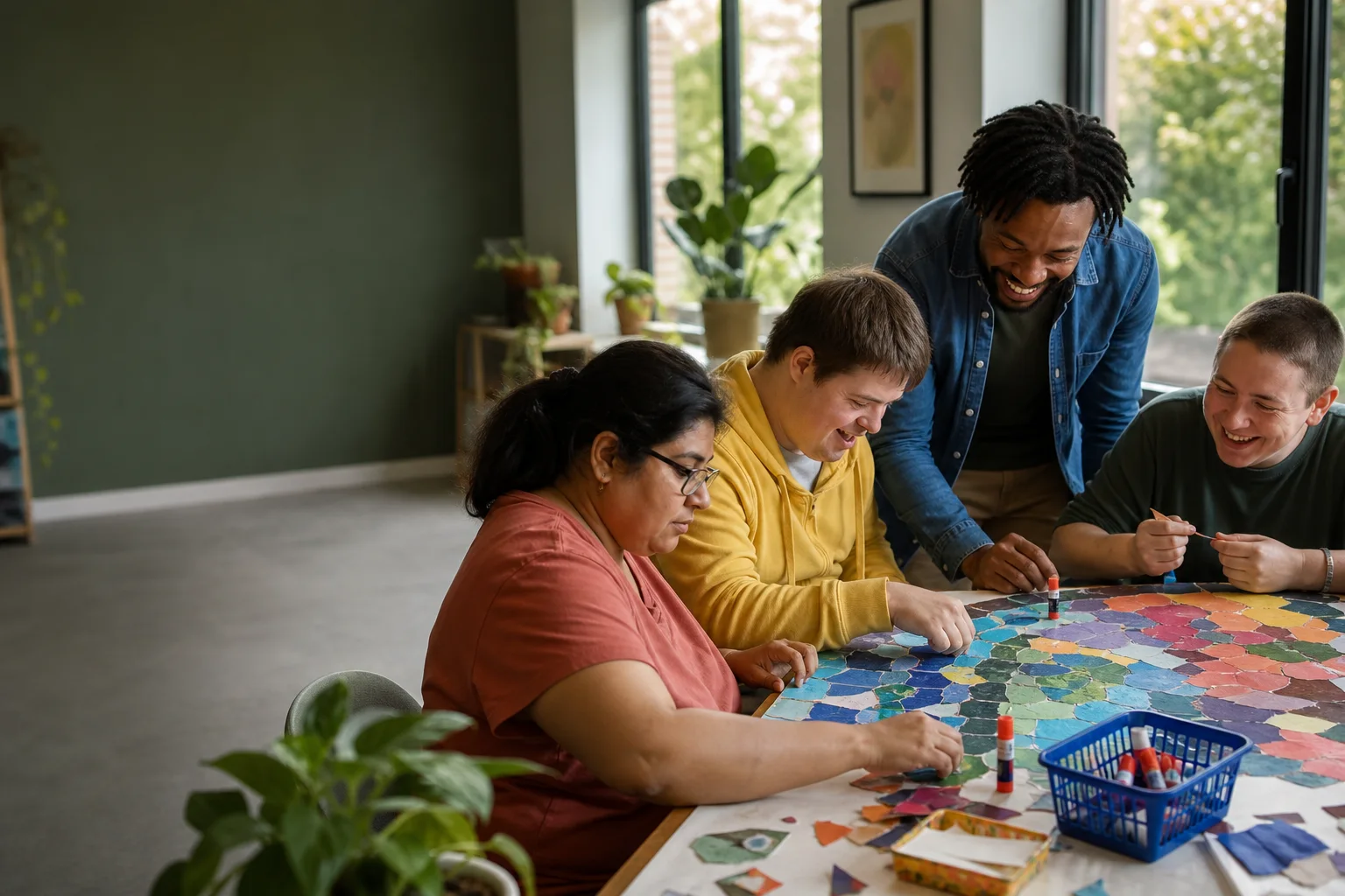 Adults with intellectual and developmental disabilities creating art together with an ELMA support professional